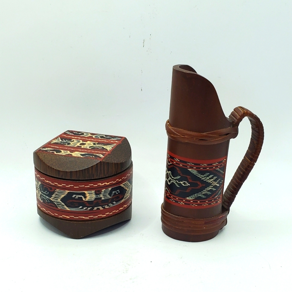 Round Wood Trinket Box Lid Brown Red Black And Jar Hand Painted Southwestern